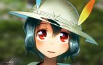  1girl alternate_eye_color blue_hair blurry blurry_background commentary_request eyebrows_visible_through_hair eyebrows_visible_through_hat face hair_between_eyes hat hat_feather kaban_(kemono_friends) kemono_friends looking_at_viewer parted_lips red_eyes short_hair signature smile solo welt_(kinsei_koutenkyoku) white_hat 