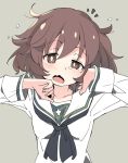  1girl akiyama_yukari blush brown_hair cowboy_shot eyebrows girls_und_panzer grey_background ixy messy_hair ooarai_school_uniform school_uniform serafuku short_hair solo surprised waking_up wavy_mouth 