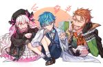  1girl 2boys ascot beard blue_eyes blue_hair bow bowtie brown_footwear cape capelet cup currypang doll_joints eyebrows_visible_through_hair facial_hair fate/grand_order fate_(series) frilled_skirt frills hans_christian_andersen_(fate) hat long_hair mob_cap multiple_boys nursery_rhyme_(fate/extra) open_mouth pink_eyes pink_hair quill redhead shoes shorts skirt smile teacup teapot very_long_hair william_shakespeare_(fate) 
