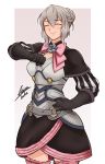  1girl airisubaka black_gloves bow closed_eyes cosplay dress elfi_(fire_emblem_if) elise_(fire_emblem_if) elise_(fire_emblem_if)_(cosplay) fire_emblem fire_emblem_if gloves grey_hair hair_bun hand_on_hip highres pink_bow signature simple_background smile solo 
