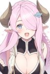  blue_eyes breasts cleavage cleavage_cutout draph granblue_fantasy hair_over_one_eye horns lavender_hair long_hair narmaya_(granblue_fantasy) open_mouth pointy_ears tokki upper_body 