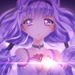  1girl artist_name bare_shoulders black_hairband choker double_bun dress eyebrows_visible_through_hair glowing hairband highres hugtto!_precure long_hair looking_at_viewer low_twintails precure purple_hair ruru_amour solo twintails upper_body urbandusk violet_eyes 