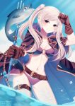  1girl bikini breasts female_my_unit_(fire_emblem:_kakusei) fire_emblem fire_emblem:_kakusei fire_emblem_heroes fish gloves hynori looking_at_viewer mamkute my_unit_(fire_emblem:_kakusei) navel ocean polearm robe smile swimsuit trident twintails water weapon white_hair yellow_eyes 