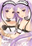 2girls :o armband armlet back bangs bare_arms bare_shoulders black_bow black_flower black_ribbon black_rose bow breasts chestnut_mouth choker collarbone cowboy_shot dress euryale eyebrows_visible_through_hair eyelashes fate/grand_order fate/hollow_ataraxia fate_(series) floating_hair flower forehead frilled_armband frilled_choker frilled_dress frilled_hairband frills fuumi_(radial_engine) gold grey_background hair_ribbon hairband hand_on_another&#039;s_arm head_tilt holding holding_strap jewelry light_smile lolita_fashion lolita_hairband long_hair looking_at_viewer looking_back multiple_girls parted_bangs pearl purple_hair ribbon rose shiny shiny_hair siblings sidelocks simple_background single_strap sisters sleeveless sleeveless_dress small_breasts spine standing stheno strapless strapless_dress twins twintails upper_body very_long_hair violet_eyes white_choker white_dress white_hairband 