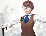  1boy asymmetrical_hair biwasaka_eiji brown_eyes brown_hair caligula_(game) cane cracked_skin flower haruno14 jewelry necktie outstretched_arms ring solo spread_arms vest 