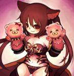  1girl animal_ears armor bangs bare_shoulders bikini_armor breasts cerberus_(shingeki_no_bahamut) cleavage dog_ears dog_girl empty_eyes grin hair_between_eyes hand_puppet hands_up highres large_breasts legs_apart long_hair no_pupils panties puppet red_armor red_eyes red_panties redhead shadowverse shingeki_no_bahamut side-tie_panties smile solo strapless twintails underwear very_long_hair yukino_super 