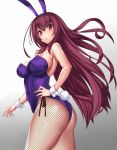  1girl animal_ears bare_shoulders breasts bunny_girl bunny_tail bunnysuit cleavage covered_navel covered_nipples fake_animal_ears fate/grand_order fate_(series) fishnets highres leotard long_hair looking_at_viewer playboy_bunny_leotard purple_hair rabbit_ears red_eyes scathach_(fate/grand_order) strapless strapless_leotard tail takanashi-a white_background wrist_cuffs 