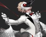  1boy beak blonde_hair caligula_(game) fake_wings formal grey_background haruno14 looking_up outstretched_arms plague_doctor_mask solo spread_arms stork_(caligula) suit vest wings 