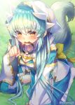  1girl aqua_hair bangs blush breasts cleavage cleavage_cutout commentary_request detached_sleeves dog_tail eyebrows_visible_through_hair fate/grand_order fate_(series) heart heart-shaped_pupils highres hood hoodie japanese_clothes kiyohime_(fate/grand_order) kneeling long_hair looking_at_viewer minamo25 mouth_hold obi paw_pose sash solo symbol-shaped_pupils tail yellow_eyes 