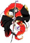  1boy black_hair crop_top eyeshadow feather_boa fingernails full_body hakama high_heels japanese_clothes kinako_(marubotan) makeup male_focus midriff naginata navel official_art polearm red_eyes sharp_fingernails shizukagata_naginata smile tassel touken_ranbu transparent_background weapon 