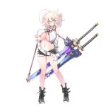  1girl ahoge belt blonde_hair blue_eyes blush boots breasts buckle character_request copyright_request highres large_breasts looking_at_viewer messy_hair navel open_mouth rota-san sheath sheathed short_hair short_shorts shorts solo standing strap sword under_boob weapon 