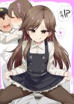  1boy 1girl :q admiral_(kantai_collection) arashio_(kantai_collection) assertive belt black_dress brown_eyes brown_hair brown_legwear cheek_kiss closed_eyes commentary_request dress faceless faceless_male frilled_dress frills highres kantai_collection kiss kusaka_souji long_hair long_sleeves multiple_views open_mouth pantyhose pinafore_dress pov profile remodel_(kantai_collection) school_uniform shirt straddling tongue tongue_out translation_request wavy_mouth white_shirt 