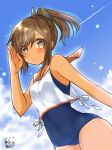  0yukiya0 1girl blue_sky blue_swimsuit brown_eyes brown_hair clouds cowboy_shot dated hair_ornament hairclip highres i-401_(kantai_collection) kantai_collection looking_at_viewer orange_sailor_collar outdoors ponytail sailor_collar salute school_swimsuit short_ponytail signature sky solo swimsuit swimsuit_under_clothes tan tanline 