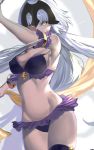  1girl arm_strap bikini black_bikini black_legwear bracelet breasts cleavage cowboy_shot fate/grand_order fate_(series) floating_hair frilled_bikini frills groin jeanne_d&#039;arc_(alter)_(fate) jeanne_d&#039;arc_(fate)_(all) jewelry large_breasts long_hair looking_at_viewer sideboob silver_hair solo sparkle standing swimsuit thigh-highs very_long_hair white_background yellow_eyes 