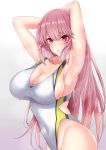  1girl alternate_hairstyle armpits arms_behind_head arms_up bangs bare_arms blush breasts breath cleavage collarbone commentary_request competition_swimsuit covered_navel cowboy_shot eyebrows_visible_through_hair eyelashes fate/grand_order fate_(series) florence_nightingale_(fate/grand_order) flying_sweatdrops gradient gradient_background grey_swimsuit groin hair_between_eyes hair_down highleg highleg_swimsuit highres large_breasts long_hair looking_at_viewer nose_blush one-piece_swimsuit pink_hair sankakusui shiny shiny_hair shiny_skin sideboob sidelocks skindentation solo standing steam sweat swimsuit very_long_hair violet_eyes wet 
