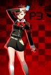  1girl arm_up atlus aura_(ion) black_skirt bow bowtie brown_hair card checkered checkered_background copyright_name female_protagonist_(persona_3) holding holding_card kneehighs looking_at_viewer megami_tensei miniskirt parted_lips persona persona_3 red_background red_bow red_eyes red_neckwear shiomi_kotone short_hair skirt smile solo standing tied_hair white_legwear 