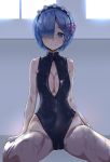  1girl be_garam black_swimsuit blue_eyes blue_hair breasts cleavage cleavage_cutout front_zipper_swimsuit hair_ornament hair_over_one_eye hair_ribbon highleg highleg_swimsuit highres looking_at_viewer meme_attire one-piece_swimsuit pink_ribbon re:zero_kara_hajimeru_isekai_seikatsu red_ribbon rem_(re:zero) ribbon short_hair sitting solo swimsuit turtleneck wariza wet wet_clothes wet_swimsuit window x_hair_ornament 