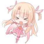  &gt;_&lt; 1girl ascot blonde_hair blush boots chibi closed_eyes commentary_request cross elbow_gloves facing_viewer fate/kaleid_liner_prisma_illya fate_(series) feathers full_body gloves hair_feathers illyasviel_von_einzbern knee_boots long_hair natsu_(sinker8c) open_mouth orange_neckwear outstretched_arms pink_feathers pink_footwear pink_shirt pleated_skirt prisma_illya shirt simple_background skirt sleeveless sleeveless_shirt solo tears two_side_up very_long_hair white_background white_gloves white_skirt 