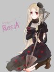  1girl axis_powers_hetalia black_dress boots brown_footwear dress flower full_body genderswap genderswap_(mtf) grey_background holding ilohasvio long_hair red_eyes red_flower russia_(hetalia) shovel simple_background solo white_hair worktool 