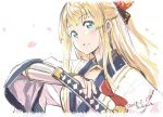  1girl blonde_hair blue_eyes bow cherry_blossoms dated errant granblue_fantasy hand_on_hilt japanese_clothes katana looking_at_viewer mirin_(granblue_fantasy) signature sketch sword weapon 