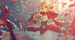  1girl aestus_estus ahoge blonde_hair bow braid closed_mouth cowboy_shot dress fate/extra fate_(series) french_braid green_eyes hair_bow hair_bun hair_intakes juliet_sleeves leotard long_sleeves looking_at_viewer nero_claudius_(fate) nero_claudius_(fate)_(all) petals puffy_sleeves red_bow red_dress rose_petals see-through short_hair smile solo sword teko weapon white_leotard 