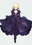  1girl artoria_pendragon_(all) blonde_hair braid breasts choker commentary_request dress fate/stay_night fate_(series) french_braid full_body gothic_lolita juliet_sleeves lolita_fashion long_dress long_sleeves looking_at_viewer lpip puffy_sleeves purple_dress saber_alter short_hair sleeves_past_wrists small_breasts solo standing wide_sleeves yellow_eyes 