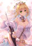 1girl aestus_estus ahoge blonde_hair breasts cleavage closed_mouth cowboy_shot detached_collar detached_sleeves fate/extra fate_(series) flower gloves green_eyes hair_flower hair_intakes hair_ornament highres holding holding_sword holding_weapon large_breasts leotard lock looking_at_viewer nero_claudius_(bride)_(fate) nero_claudius_(fate) nero_claudius_(fate)_(all) padlock sato_ame short_hair single_thighhigh smile solo sword thigh-highs veil weapon white white_gloves white_leotard zipper 