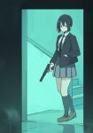  1girl absurdres akagawa007 black_hair blazer blue_eyes glock gun hand_in_pocket handgun highres holding holding_gun holding_weapon jacket loafers necktie original pleated_skirt school_uniform shoes short_hair skirt solo suppressor trigger_discipline weapon 