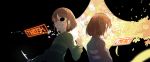  1girl 2others 3boys alphys asgore_dreemurr black_background blurry brown_hair chara_(undertale) closed_mouth commentary depth_of_field english evil_grin evil_smile flower frisk_(undertale) grin head_tilt heart heart_necklace highres holding holding_knife knife long_sleeves missing_eye multiple_boys papyrus_(undertale) petals profile red_eyes sans smile striped striped_sweater sweater undertale uta_(xuyansong1996) 