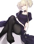  1girl aoki_hagane_no_arpeggio arm_across_waist bangs black_legwear blonde_hair blunt_bangs breasts brown_eyes choker collarbone detached_sleeves dress feet half-closed_eyes head_tilt jewelry kongou_(aoki_hagane_no_arpeggio) large_breasts legs_crossed lipstick makeup open_mouth pantyhose parted_lips pendant puffy_short_sleeves puffy_sleeves purple_dress purple_lipstick rokuwata_tomoe short_hair short_hair_with_long_locks short_sleeves short_twintails sidelocks simple_background sitting solo thighband_pantyhose twintails white_background 