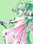  1girl ass bangs bare_shoulders breasts butt_crack choujigen_game_neptune closed_mouth detached_wings elbow_gloves eyebrows eyebrows_visible_through_hair gloves green_hair green_heart grey_background hair_between_eyes hair_intakes headgear high_ponytail holding holding_spear holding_weapon joney large_breasts long_hair multiple_wings neptune_(series) pink_wings polearm power_symbol see-through simple_background smile solo spear symbol-shaped_pupils thigh-highs very_long_hair violet_eyes weapon white_gloves white_legwear wings 