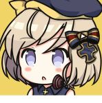  1girl :o azur_lane bangs bare_shoulders beret blue_bow blue_dress blue_hat blush bow collared_dress commentary_request dress eyebrows_visible_through_hair hair_between_eyes hair_bow hat hat_bow iron_cross light_brown_hair looking_at_viewer nagato-chan parted_lips short_hair simple_background sleeveless sleeveless_dress solo striped striped_bow violet_eyes yellow_background yellow_bow z23_(azur_lane) 