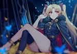  1girl absurdres animal arm_up asymmetrical_legwear bangs birdcage black_cape black_dress black_legwear blonde_hair blurry blurry_background blurry_foreground breasts brown_eyes bug butterfly cage cape closed_mouth depth_of_field dress earrings ereshkigal_(fate/grand_order) eyebrows_visible_through_hair fate/grand_order fate_(series) fingernails fur-trimmed_cape fur_trim highres infinity insect jewelry legs_crossed long_hair medium_breasts multicolored multicolored_cape multicolored_clothes nail_polish parted_bangs red_cape red_nails single_thighhigh sitting skull smile solo spine thigh-highs tiara two_side_up very_long_hair yorukun 