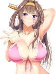  1girl ahoge armpits arms_behind_head bikini blue_eyes blush breasts brown_hair cleavage closed_mouth commentary_request hairband hamaguri_(hamaguri1234) headgear heart highres kantai_collection kongou_(kantai_collection) large_breasts long_hair looking_at_viewer pink_bikini remodel_(kantai_collection) side-tie_bikini smile solo swimsuit 