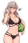  1girl abs airisubaka alternate_hairstyle bikini black_bikini blush breasts elfi_(fire_emblem_if) fire_emblem fire_emblem_if food fruit green_eyes grey_hair highres large_breasts long_hair looking_at_viewer midriff signature simple_background smile solo standing swimsuit watermelon white_background 