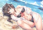  1girl adapted_costume ahoge bangs beach bikini black_bikini blue_eyes blue_sky boat braid breasts brown_hair cleavage clouds cloudy_sky collarbone dutch_angle eyebrows_visible_through_hair hair_flaps hair_ornament kantai_collection long_hair long_sleeves looking_at_viewer lying medium_breasts ocean off-shoulder_shirt on_side open_clothes open_mouth open_shirt outdoors remodel_(kantai_collection) sailboat sand seashell shell shigure_(kantai_collection) shirt shore sky smile solo starfish swimsuit watercraft waves wet wet_clothes wet_shirt yuriko 