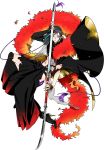  1boy black_hair crop_top eyeshadow feather_boa fingernails full_body hakama high_heels japanese_clothes kinako_(marubotan) makeup male_focus midriff naginata navel official_art polearm red_eyes sharp_fingernails shizukagata_naginata tassel torn_clothes touken_ranbu transparent_background weapon 