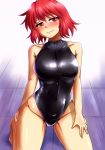  1girl black_swimsuit blush competition_swimsuit d-m_(dii_emu) front_zipper_swimsuit highleg highleg_swimsuit highres horikawa_raiko kneeling looking_at_viewer meme_attire one-piece_swimsuit red_eyes redhead short_hair smile solo swimsuit touhou turtleneck 