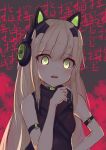  1girl absurdres animal_ears arm_strap bangs black_leotard blonde_hair blush cat_ear_headphones cat_ears cat_tail character_name choker eyebrows_visible_through_hair girls_frontline green_eyes hair_between_eyes hand_on_hip hand_up headphones highres leotard long_hair looking_at_viewer melody-05 open_mouth sidelocks solo tail tmp_(girls_frontline) very_long_hair yandere 