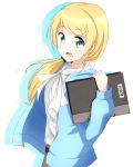  1girl :d adult blonde_hair blue_jacket dress_shirt ellen_baker eyebrows_visible_through_hair green_eyes hair_ornament hair_over_shoulder highres holding jacket long_hair new_horizon open_clothes open_jacket open_mouth ponytail shirt simple_background smile solo standing taka-chan teacher white_background white_shirt 