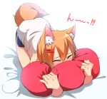  1girl animal_ears bangs bare_shoulders bed_sheet black_shorts blush brown_hair closed_eyes commentary_request covered_mouth eyebrows_visible_through_hair facing_viewer fox_ears fox_girl fox_tail hair_between_eyes hair_ornament hairclip minowa_sukyaru nose_blush original pillow pillow_hug shirt short_shorts shorts sleeveless sleeveless_shirt solo tail white_background white_shirt 