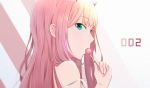  1girl aqua_eyes bare_shoulders candy darling_in_the_franxx eyebrows_visible_through_hair food highres holding holding_food horns in_mouth lollipop long_hair pink_hair profile red_horns solo teataster zero_two_(darling_in_the_franxx) 