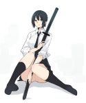  1girl akagawa007 black_eyes black_hair black_legwear highres holding holding_sword holding_weapon katana necktie no_shoes original saya_(scabbard) school_uniform sheath sheathed sitting sleeves_rolled_up solo sword weapon white_background 