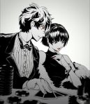  1boy 1girl amamiya_ren bow bowtie card earrings formal fur_trim houhou_(pixiv4771938) jewelry monochrome niijima_makoto persona persona_5 poker_chip red_eyes short_hair suit 