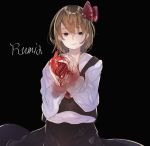  1girl black_background blonde_hair blood blood_from_mouth blood_stain character_name expressionless heart_(organ) highres poji_east24 rumia sketch solo touhou 
