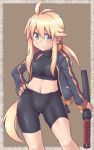  1girl ahoge bike_shorts blonde_hair commentary_request green_eyes hand_on_hip highres jacket long_hair m.m midriff navel open_clothes open_jacket original ponytail sheath sheathed shorts smile solo sword tank_top weapon 