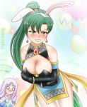  2girls amezuku animal_ears artist_request blood blush breasts cleavage covering dress easter easter_egg egg elbow_gloves fingerless_gloves fire_emblem fire_emblem:_rekka_no_ken fire_emblem_heroes florina gloves green_eyes green_hair highres large_breasts long_hair lyndis_(fire_emblem) multiple_girls nosebleed open_mouth pegasus_knight ponytail purple_hair rabbit_ears tears 