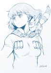  1girl animal animal_on_shoulder blue blue_eyes kaze_no_tani_no_nausicaa kouda_tomohiro looking_to_the_side medium_hair monochrome nausicaa official_art standing teto twitter_username upper_body 