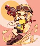  1girl :/ bangs bare_arms black_shorts blonde_hair blunt_bangs brown_eyes closed_mouth domino_mask furrowed_eyebrows goggles goggles_on_head grey_footwear grey_skirt holding inkling mask mayonnaise miniskirt pain pointy_ears shirt shoes short_hair short_sleeves shorts shorts_under_skirt skirt sneakers solo sparkle splatoon splatoon_2 t-shirt tentacle_hair yellow_shirt yukino_super 