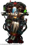  1girl barefoot blue_eyes blue_hair cable chair full_body glowing glowing_eyes hair_over_one_eye iltusa long_toenails monitor official_art pale_skin restrained sitting solo stationary_restraints toenails tube white_background yuba_no_shirushi 